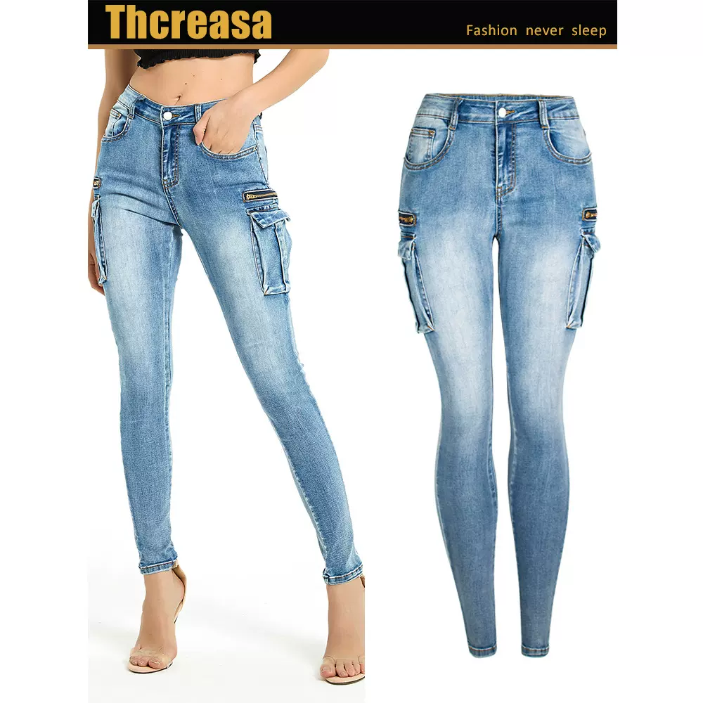 亚马逊wish外贸工厂欧美原单女装牛仔裤修身裤多袋裤女