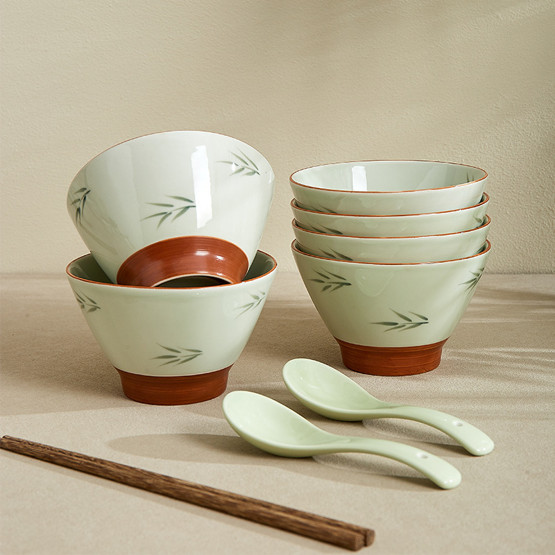 [New Product] Purely Hand-Painted Green Bamboo Ceramic Conical Bowl, Fresh Tea Bowl, Thickeneded and Not Hot, Household Noodle Soup Bowl