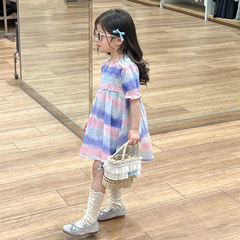 2024夏款女童甜美風拉牛筋暈染漸變泡泡短袖棉布公主裙娃娃連衣裙