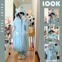 网红卡通丑鱼可爱睡衣睡袍加厚保暖法兰绒珊瑚绒家居服睡裙套装冬