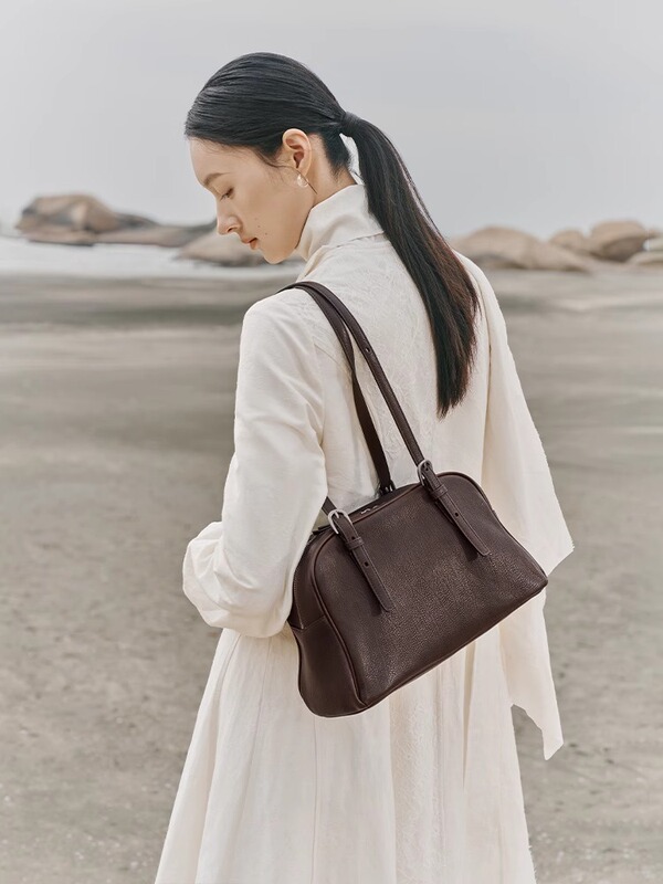 Qiu Zhen 植物タンニンなめし牛革ヨーヨーボウリングバッグレディースレトロハイエンド通勤大容量ポータブルショルダーバッグ女性用|undefined
