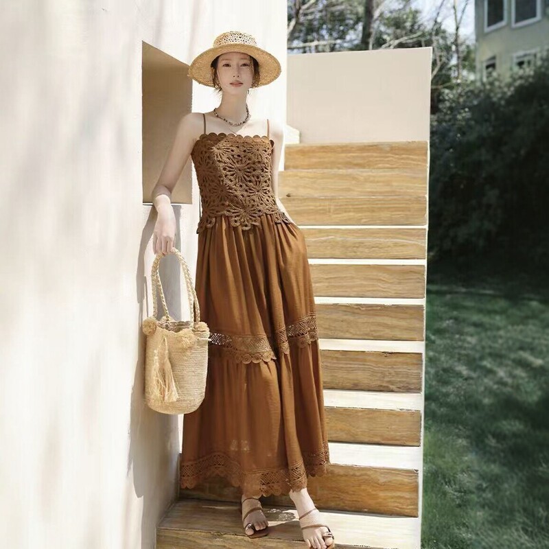 French-style resort dress for women, summer brown lace long dress, slim-fit A-line dress