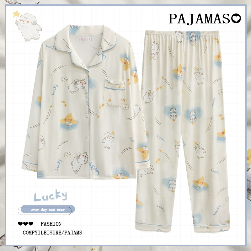 Otoño transfronterizo nuevo pijama mujer imitación algodón estilo coreano cardigan pantalones de manga larga dulce y lindo traje de servicio a domicilio exterior
