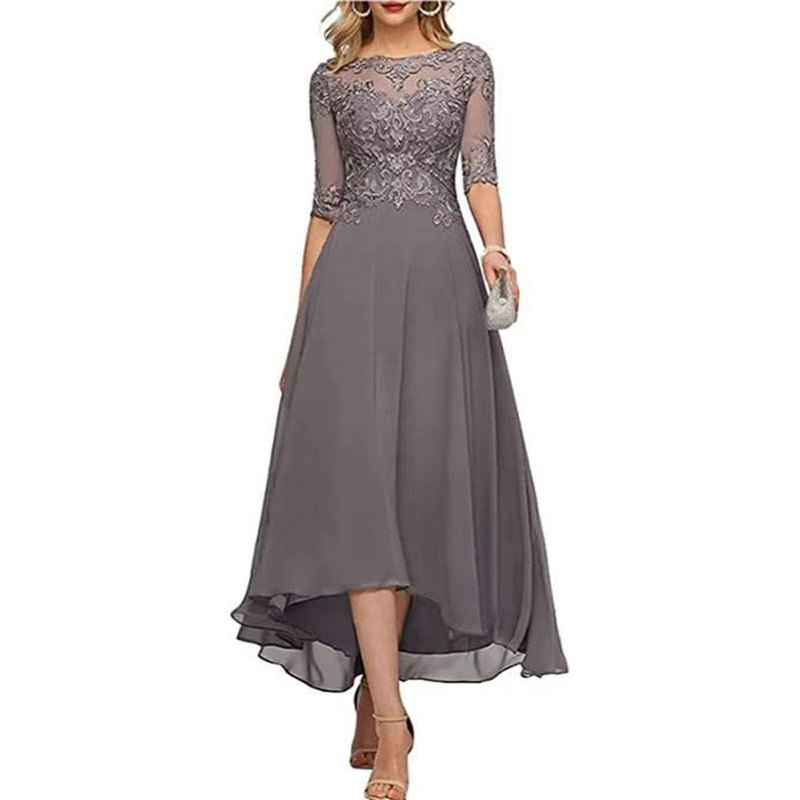 AliExpress Amazon European and American Foreign Trade Chiffon Evening Dress Lace Elegant Mid-Sleeve plus size Dress Ball High and Low Dress