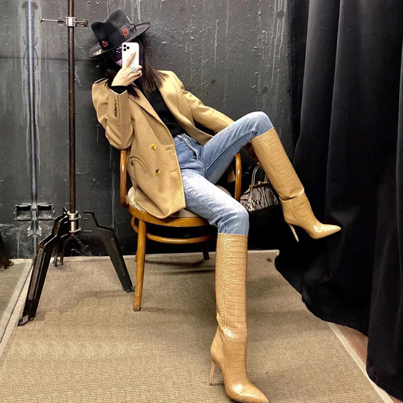 European and American New Style Pointed Toe Straight Stiletto Heels No More Than Knee High Fashion Mid-Calf Boots Stone Pattern Sleeves Slimming Look Large Size Women's Boots