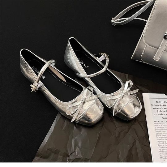 silver Shallow Mouth Ballet Style Flat Shoes Women's 2025 New Spring Dress French Round Toe Mary Jane Shoes