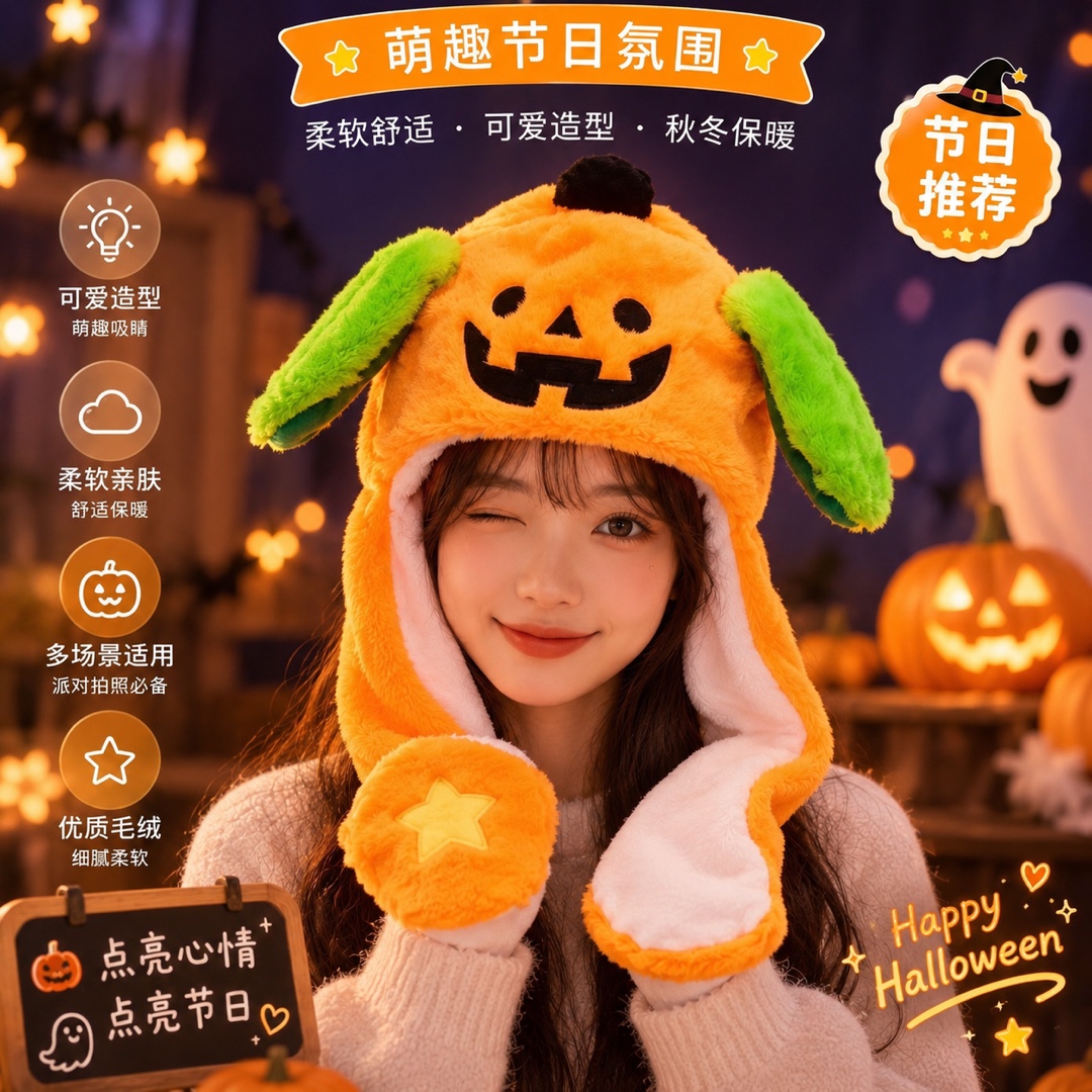 跨境抖音圣诞节万圣节动耳朵可发光亲子表演帽头套南瓜网红动耳帽 服饰配件、饰品厂家批发实拍图