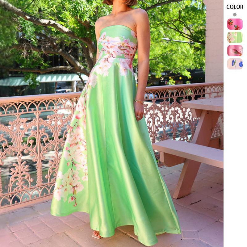 European and American Cross-border Independent Station New Design Stitching Satin Sexy Tube-top Printed High Waist dress Evening Dress