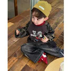 男童2025秋季新款儿童韩版洋气卡通迷彩拼接卫衣水洗牛仔裤两件套