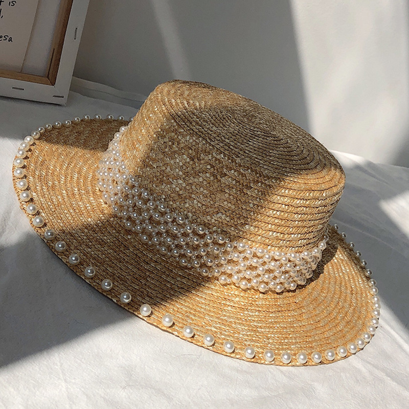 1260g Weight Sun Hat Hats Type Casual, Outdoor Occasion Straw Material Solid Color Pattern Summer Season Women's Gender Pearl Design Elegant, Simple Style Style Big Eaves Rim Women's Elegant Simple Style Solid Color Pearl Big Eaves Sun Hat 11