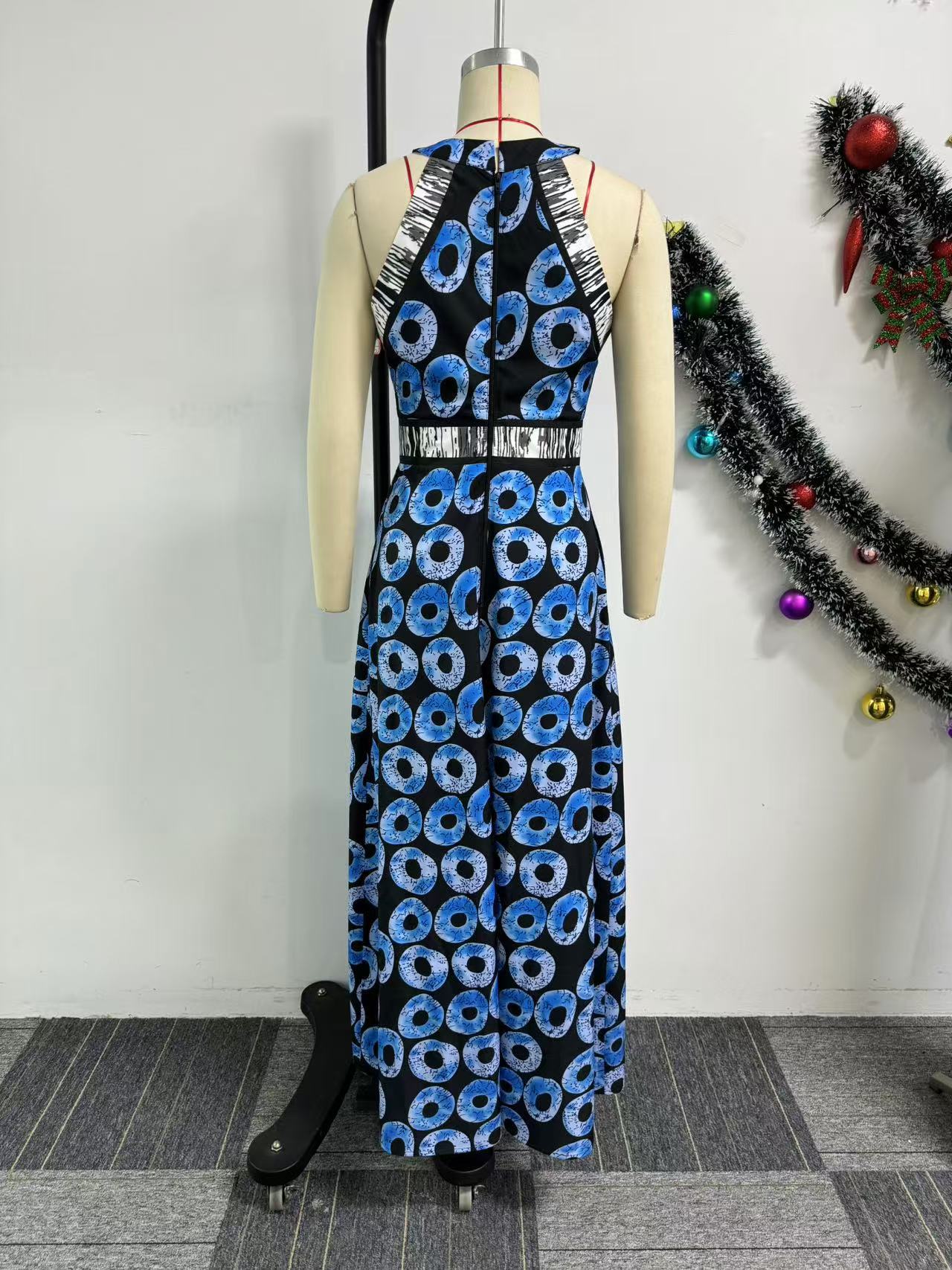 Women's Printed A-line Dress With Fitted Waist And Front Slit_voghion.com
