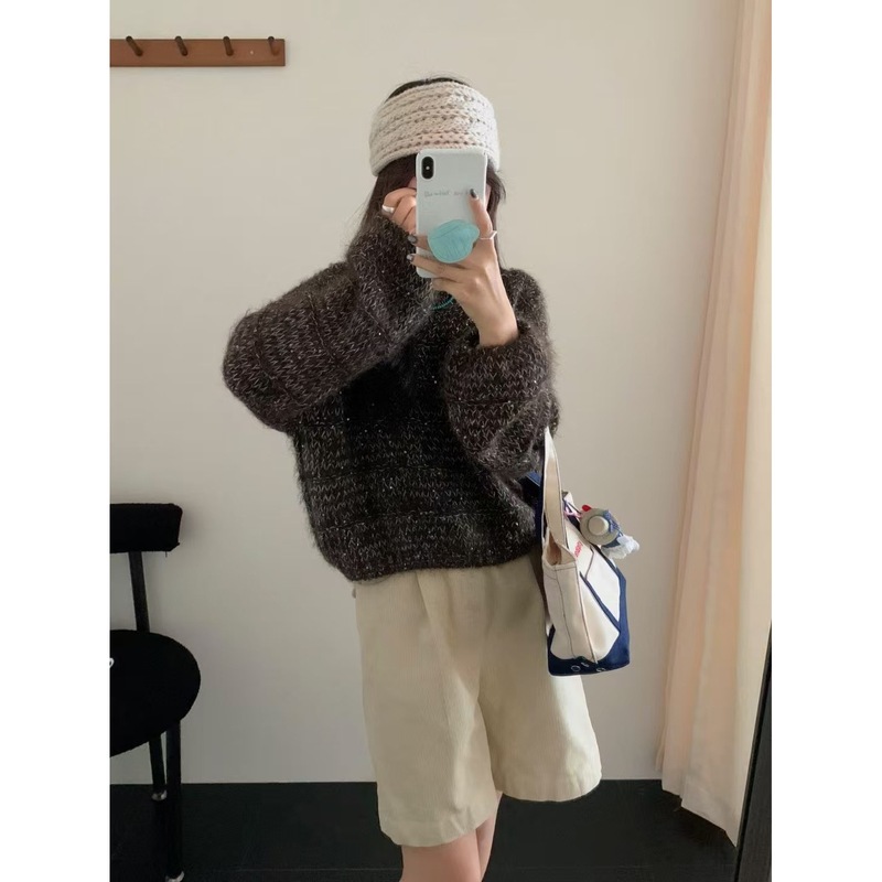 韩系高端精致圆领纯色高级感慵懒风宽松显瘦长袖短款针织毛衣女|undefined