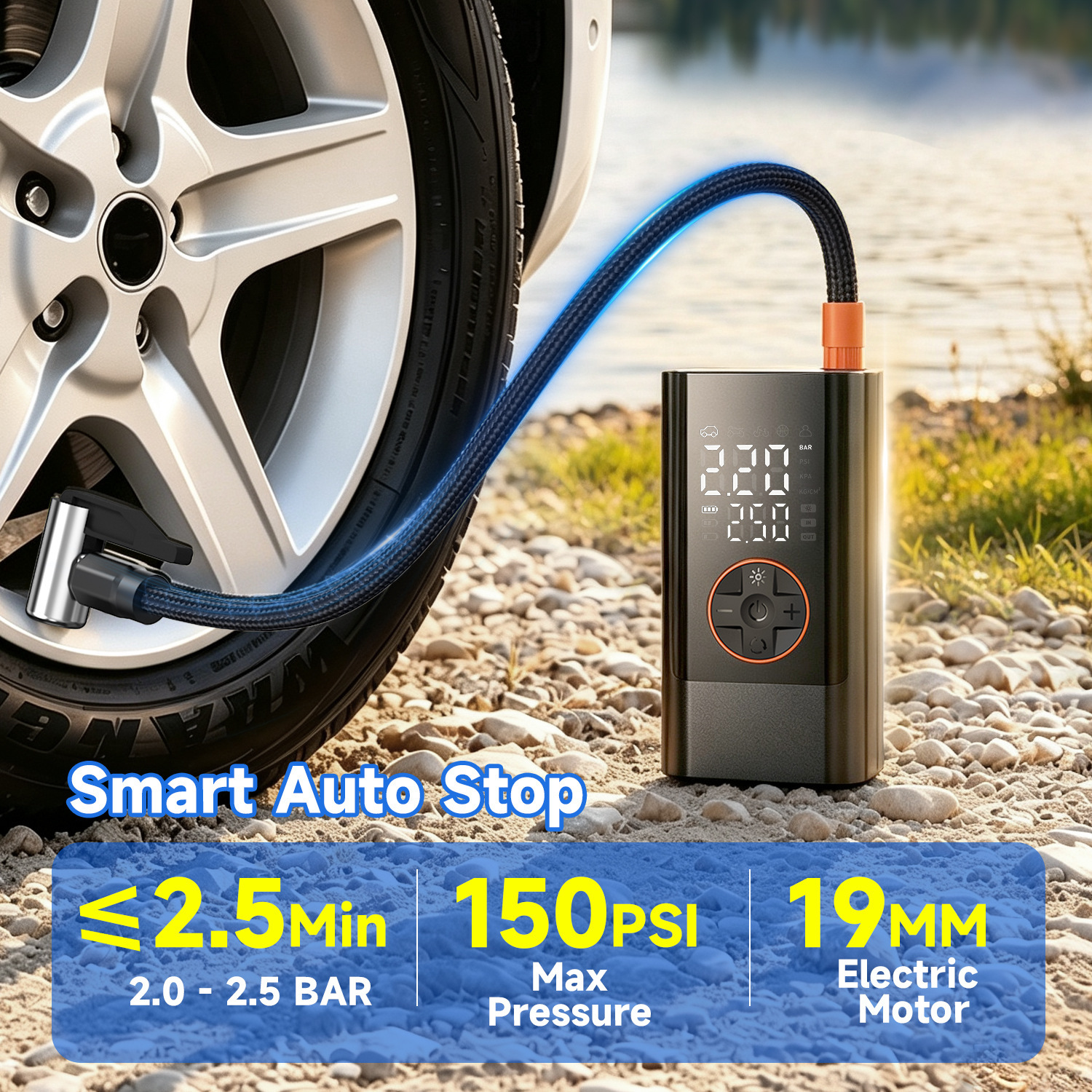Portable Wireless Car Air Pump, Car-mounted Inflator, Electric Car Tire Inflator with Storage Compartment and Lighting