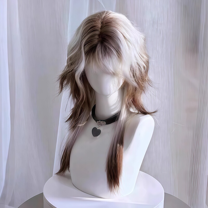Wig with Mullet Style, Long Wolf-Like Youthful Look, White-Brown Gradient, Jellyfish Curls, Realistic Hair, Natural High-Layered Full Wig
