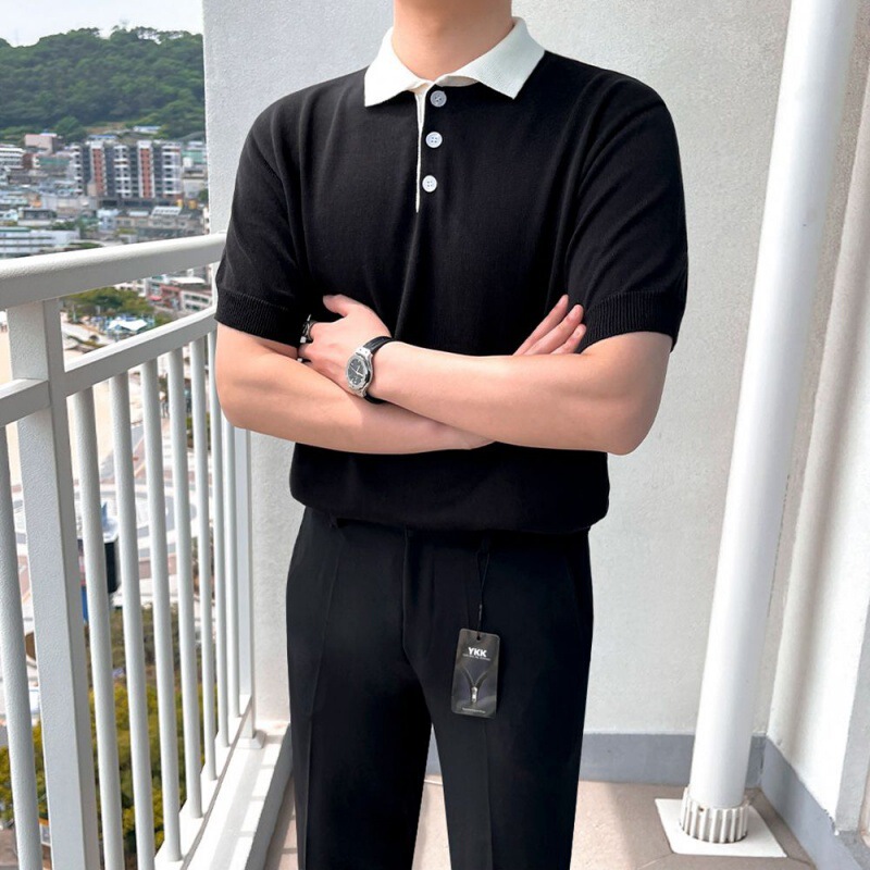 [Big Sale] Business Polo Shirt Men's Short-Sleeved Summer Korean Style Contrasting Color Knitted Lapel T-Shirt Loose Shirt Collar