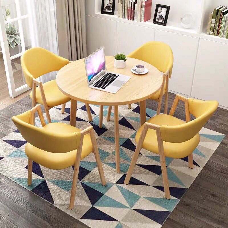 라이트 우드 컬러 데스크탑 + 라이트 옐로우 가죽 일체형 A 서브 의자