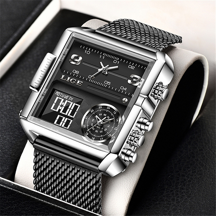 LIGE 8925SS nuevo cinturón de malla placa cuadrada doble pantalla personalidad creativa electrónica de cuarzo reloj de hombre fresco