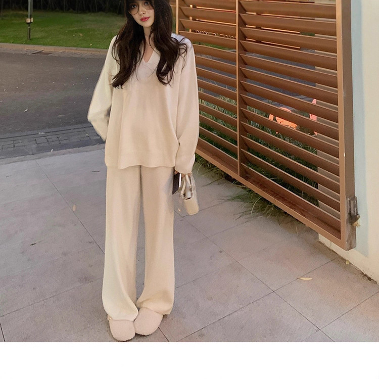 欧美跨境慵懒系穿搭针织套装秋冬新款高级感时尚毛衣阔腿裤两件套|undefined