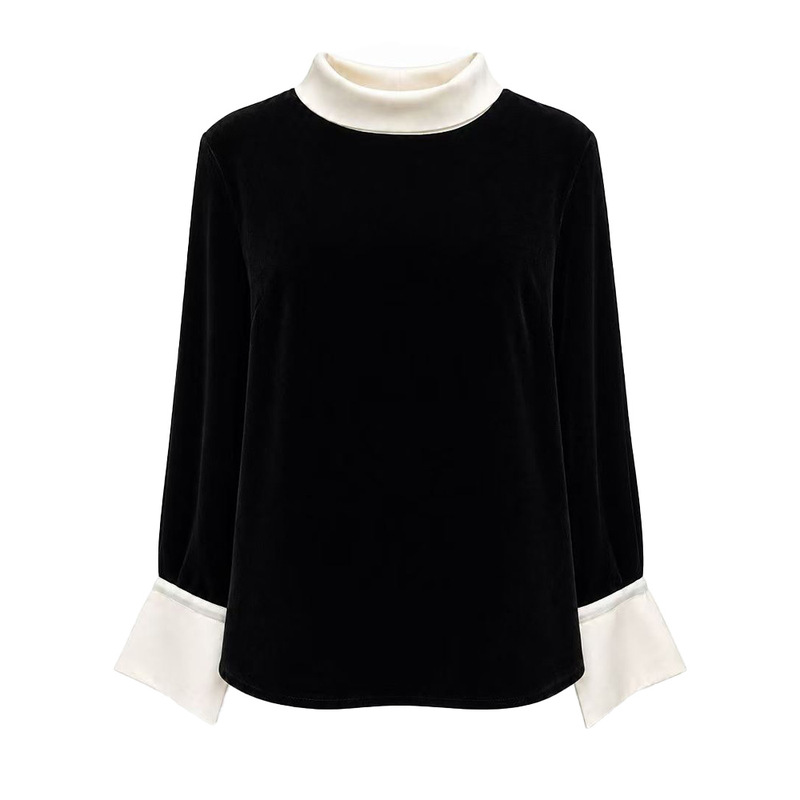100% Mulberry Silk Candlelight Dinner French-Style Light Luxury Color-Blocking Hepburn-Style Elegant Slim-Fit Long-Sleeve Top Js61