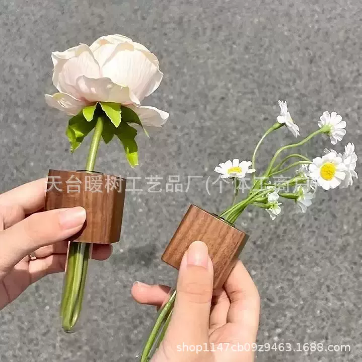 工厂直销冰箱贴diy实木插花器磁吸养花的鲜花花束磁贴饰品木制品