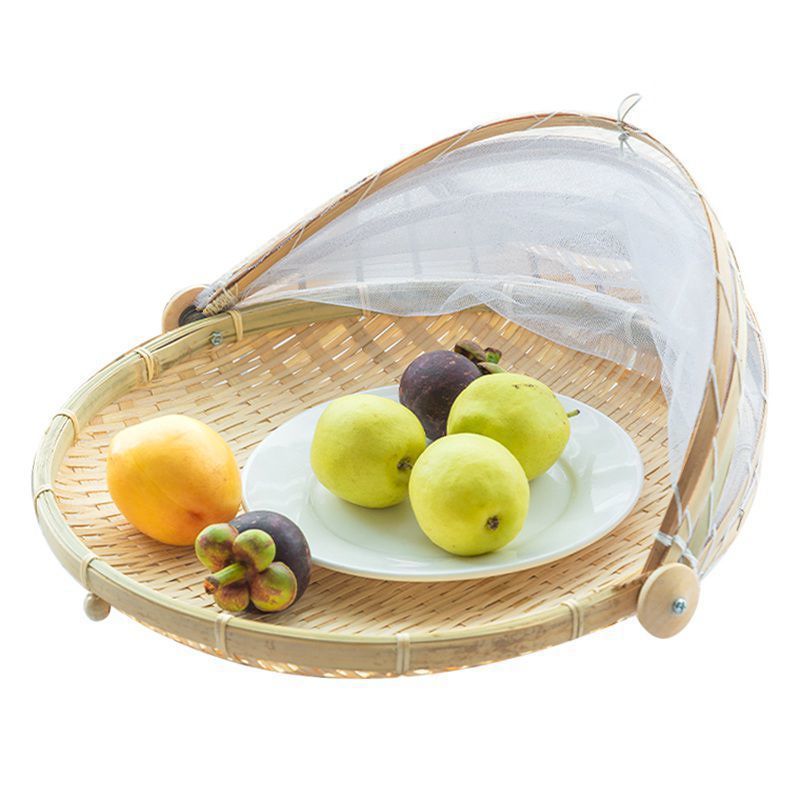 Bamboo basket with mesh cover, fly-proof and insect-proof, woven bamboo product, household food drying basket, mesh bamboo basket, steamed bun round winnowing basket
