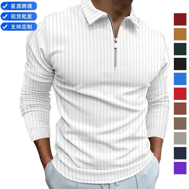 2026 Cross-Border European and American Autumn and Winter New Style Polo Shirt Zipper Striped Long-Sleeved Polo Shirt on Aliexpress and Amazon