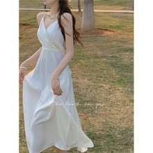 【雙層有里布】2022夏季新款白色連衣裙女v領蝴蝶結裙子中長款潮