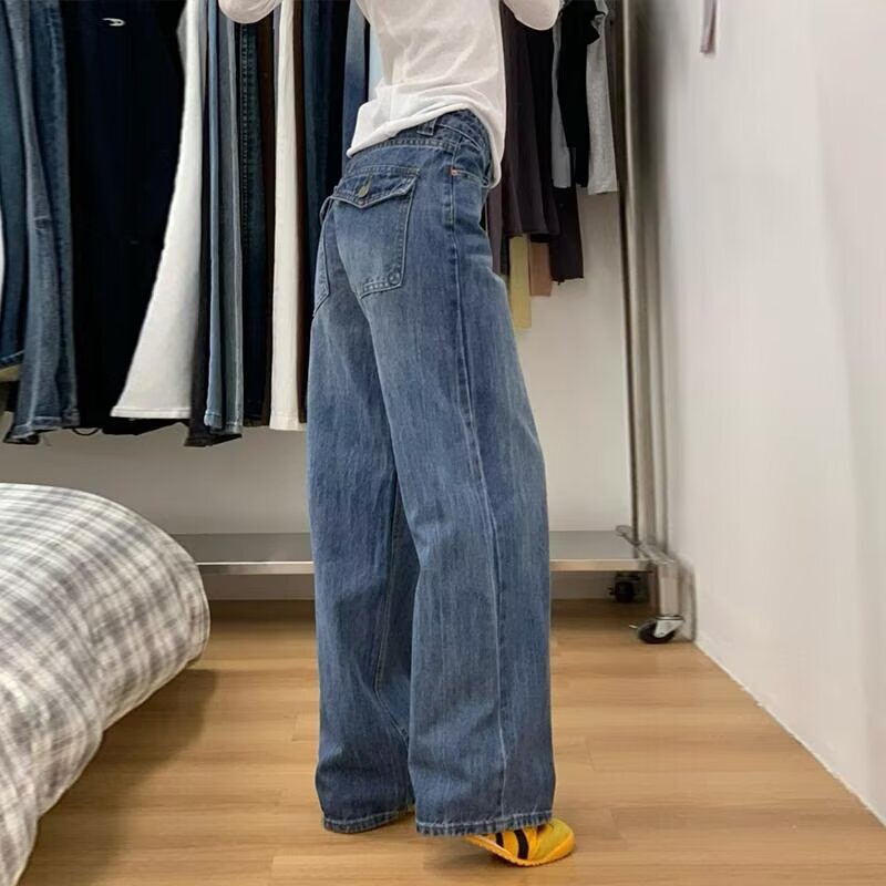 美式辣妹低腰直筒牛仔裤女2025新款复古水洗设计感显瘦拖地阔腿裤|undefined
