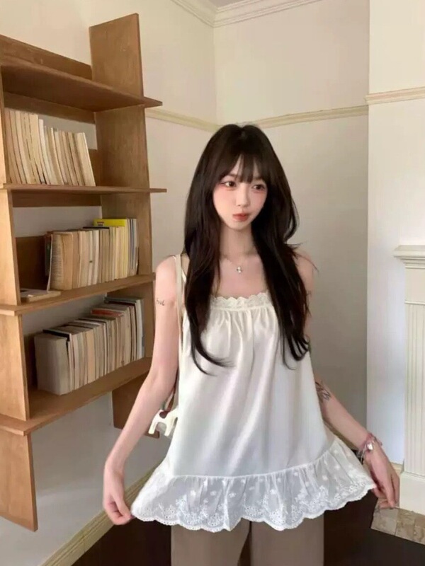 时尚洋气纯色简约蕾丝吊带背心夏季新款宽松显瘦设计感无袖上衣潮|undefined