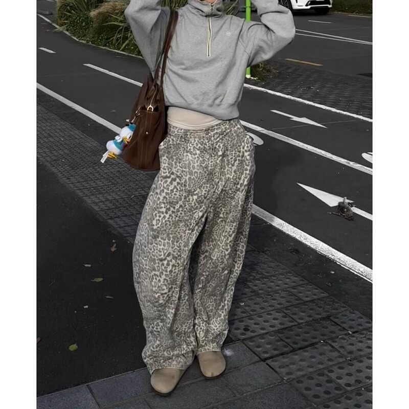 American Retro Large Size Distressed Leopard Print Jeans for Hot Girls, Lazy and Relaxed, Fashionable Floor-Length Scimitar Pants