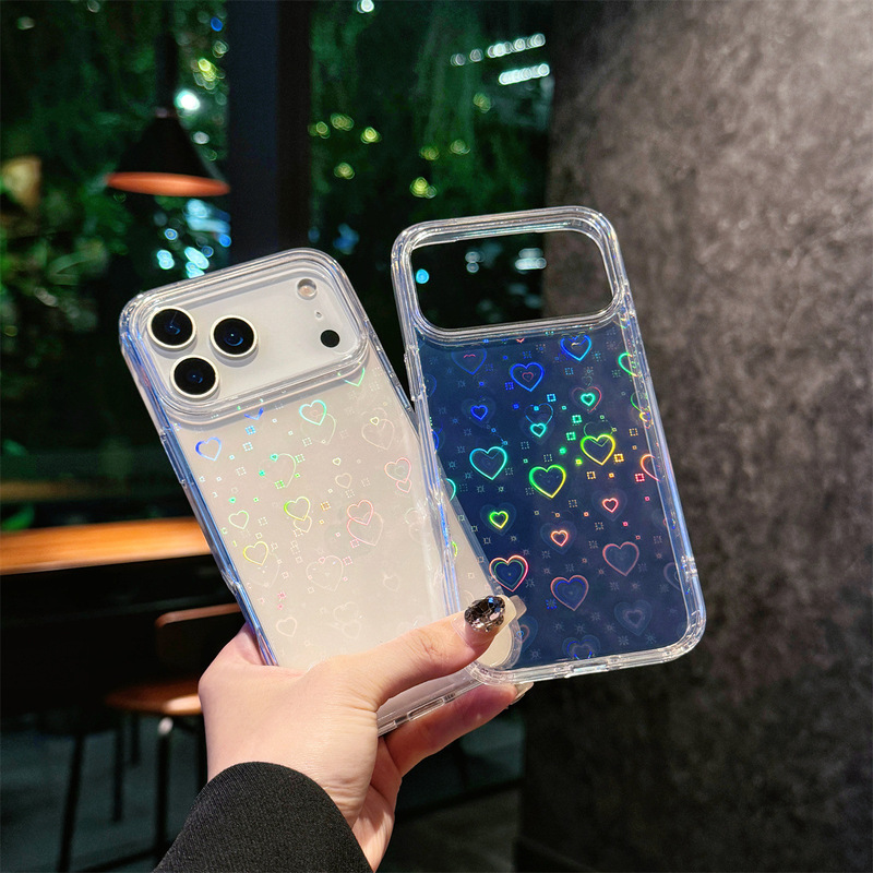 Suitable for Iphone17 Acrylic Mobile Phone Case Apple 16Pro Laser Heart 15 Transparent Anti-Fall Case Cross-Border