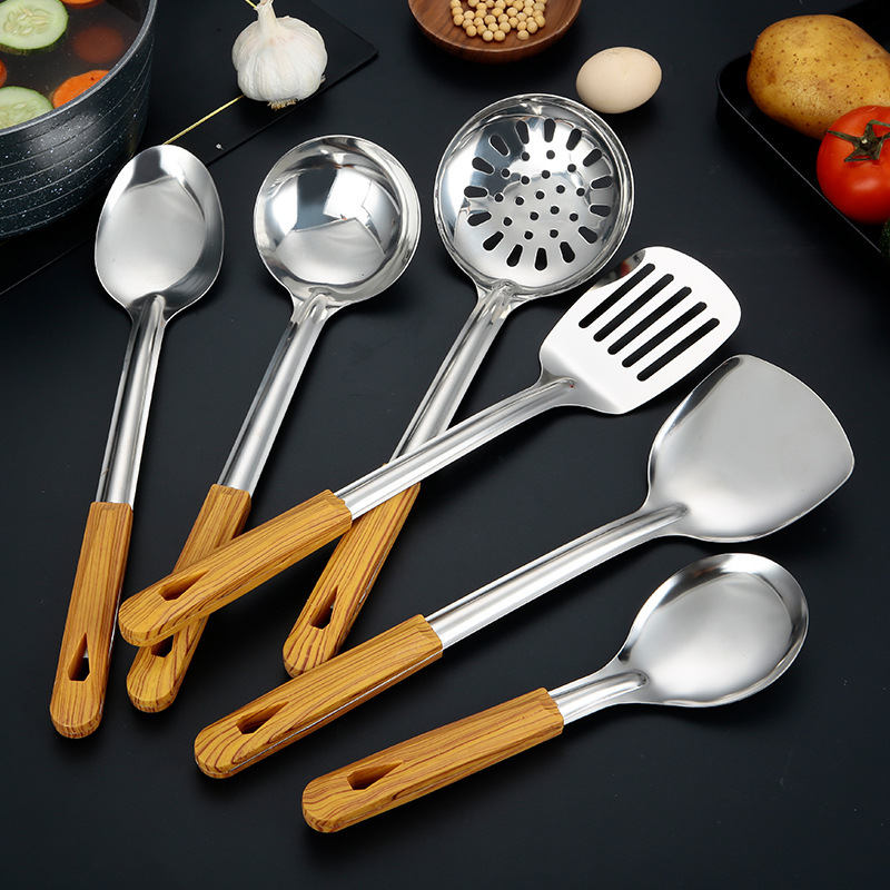 Espátula de acero inoxidable, colador, cocina, mango de madera para el hogar, espátula de acero inoxidable, cuchara de sopa, juego de utensilios de cocina, pala de cocina