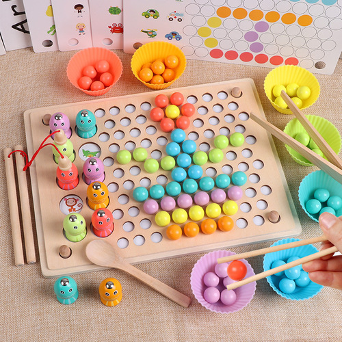 Cross-border Amazon Toddler Educational Rainbow Clip Beads Xiaoxiaole Wooden Early Education Color Classification Toys Wholesale