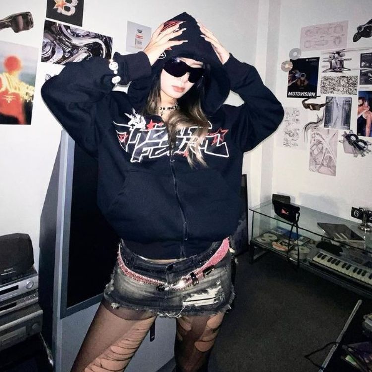 Felpa da strada da uomo con stampa a stelle e lettere, giacca con cerniera, stile gotico hip hop Y2K, uomo e donna, con cappuccio_voghion.com
