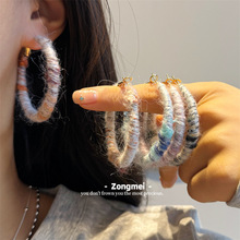 5cm秋冬粗款彩虹毛线C字耳圈 韩国毛绒七彩温柔耳环银针14k配饰