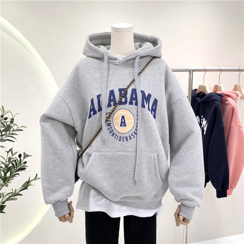 Women's Thick Fleece Hooded Sweatshirt with Ins Trendy Letter Print Loose Plus Size Outerwear for Autumn and Winter Korean Style