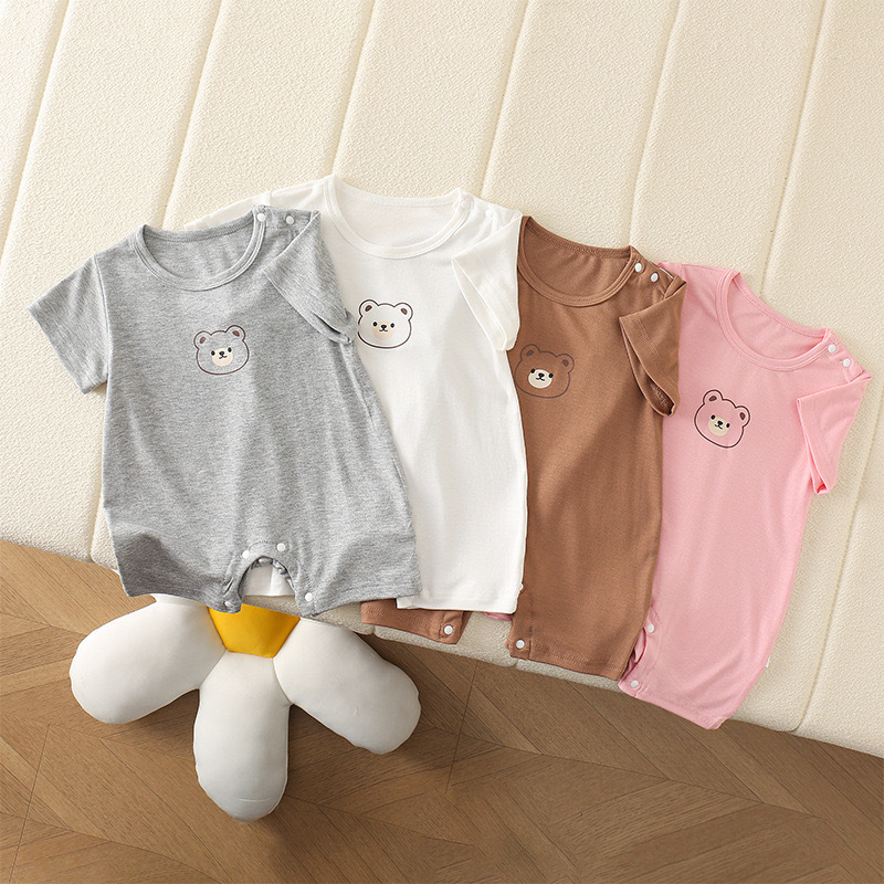Verano de manga corta bebé de dibujos animados simple cabeza de oso vestido de verano delgado transpirable de una pieza traje de escalada lindo y ligero