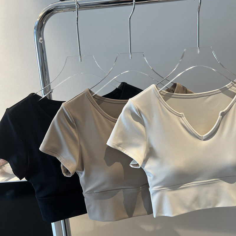 Summer ins trendy milk tea short navel fitness sports T-shirt with chest pad yoga short sleeve top slim short sleeve