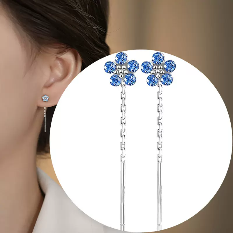 蓝色锆石耳线925纯银镶钻花朵耳线高级感流苏蓝色花朵耳饰品新款