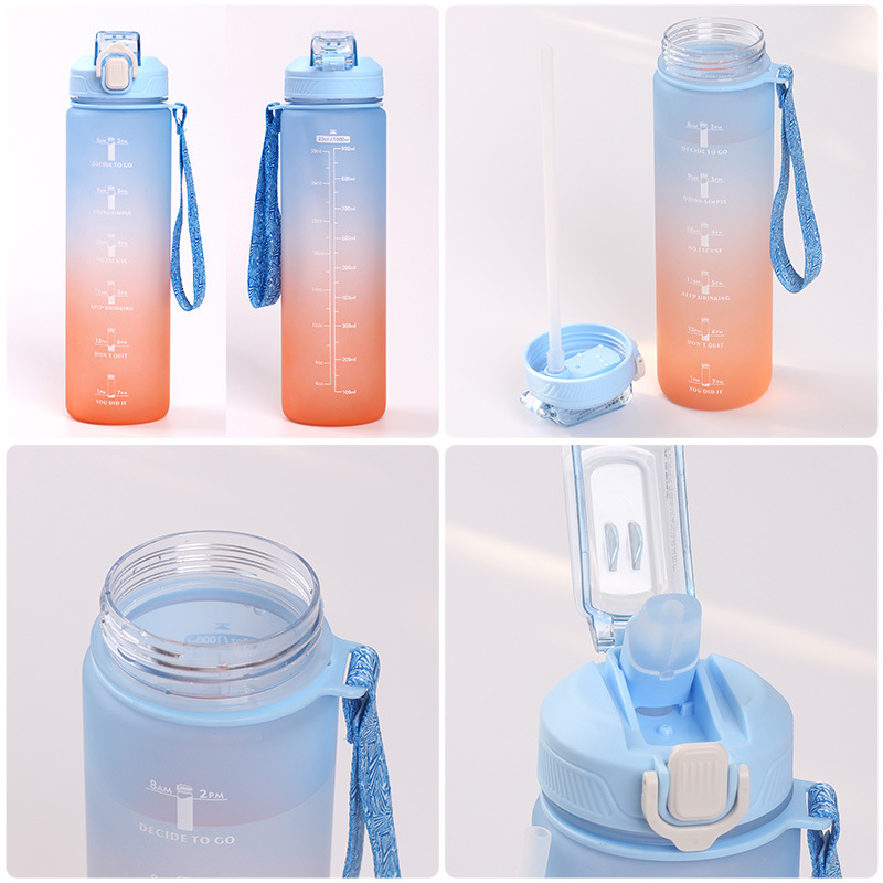 Nueva moda de gran capacidad al aire libre esmerilado taza de plástico gradiente deportes botella de agua portátil colorido espacio taza de beber directa