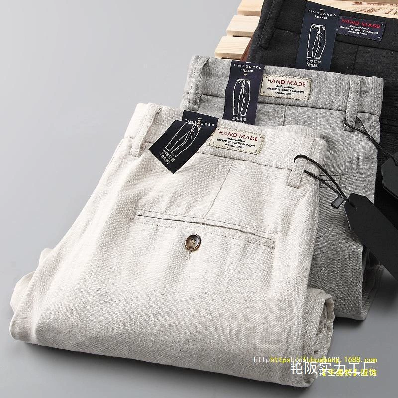 Мужские брюки из чистого льна, деловой повседневный стиль, лето 2024, новые, тонкие, свободные, прямые, хлопок и лен, оптом