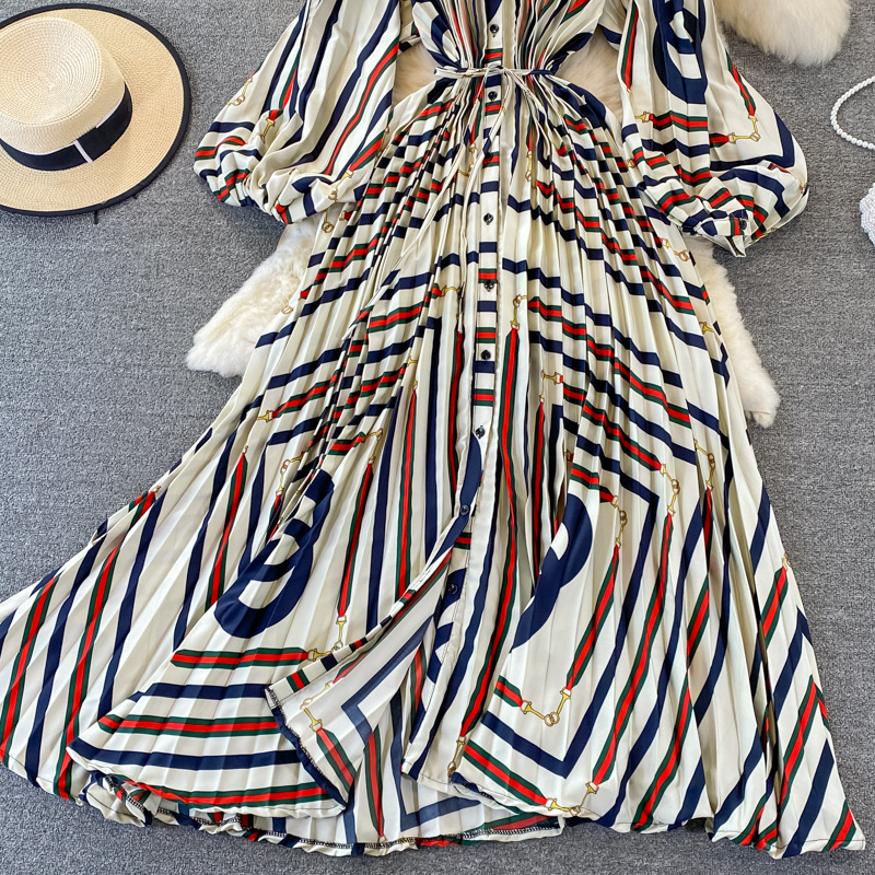 Vêtements pour femmes Automne col rond ample mince à manches longues imprimé satin simple boutonnage robe plissée élégante légère luxe longue jupe_voghion.com