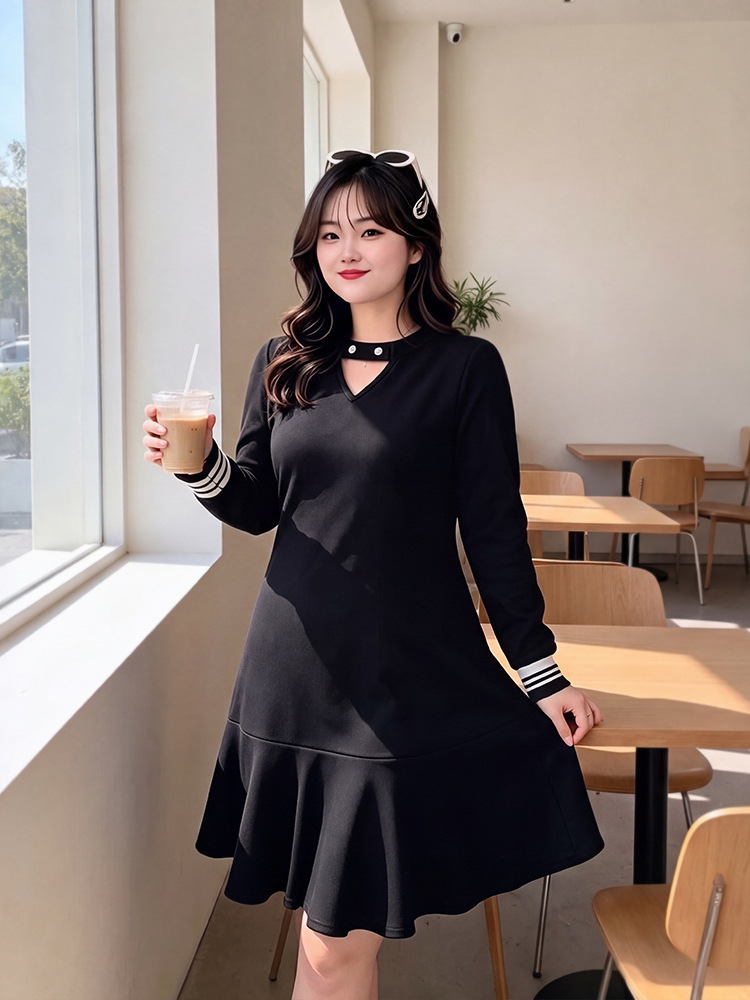 65-160kg Plus Size Women's College Style Dress 2026 Spring and Autumn Style for Chubby Girls with Sleeves, Elegant and Age-Reducing Ruffle Dress