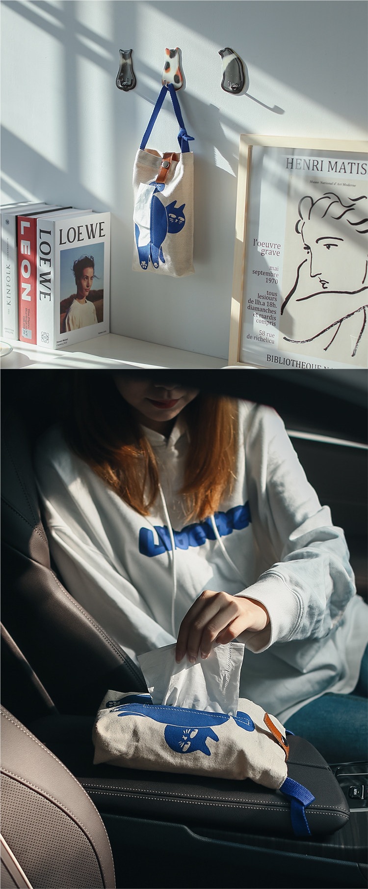 [Empty Sky Meow Meow] Car-Mounted Tissue Box, Fabric Hanging Tissue Holder for Car, Wall-Mounted Tissue Box for Car Use