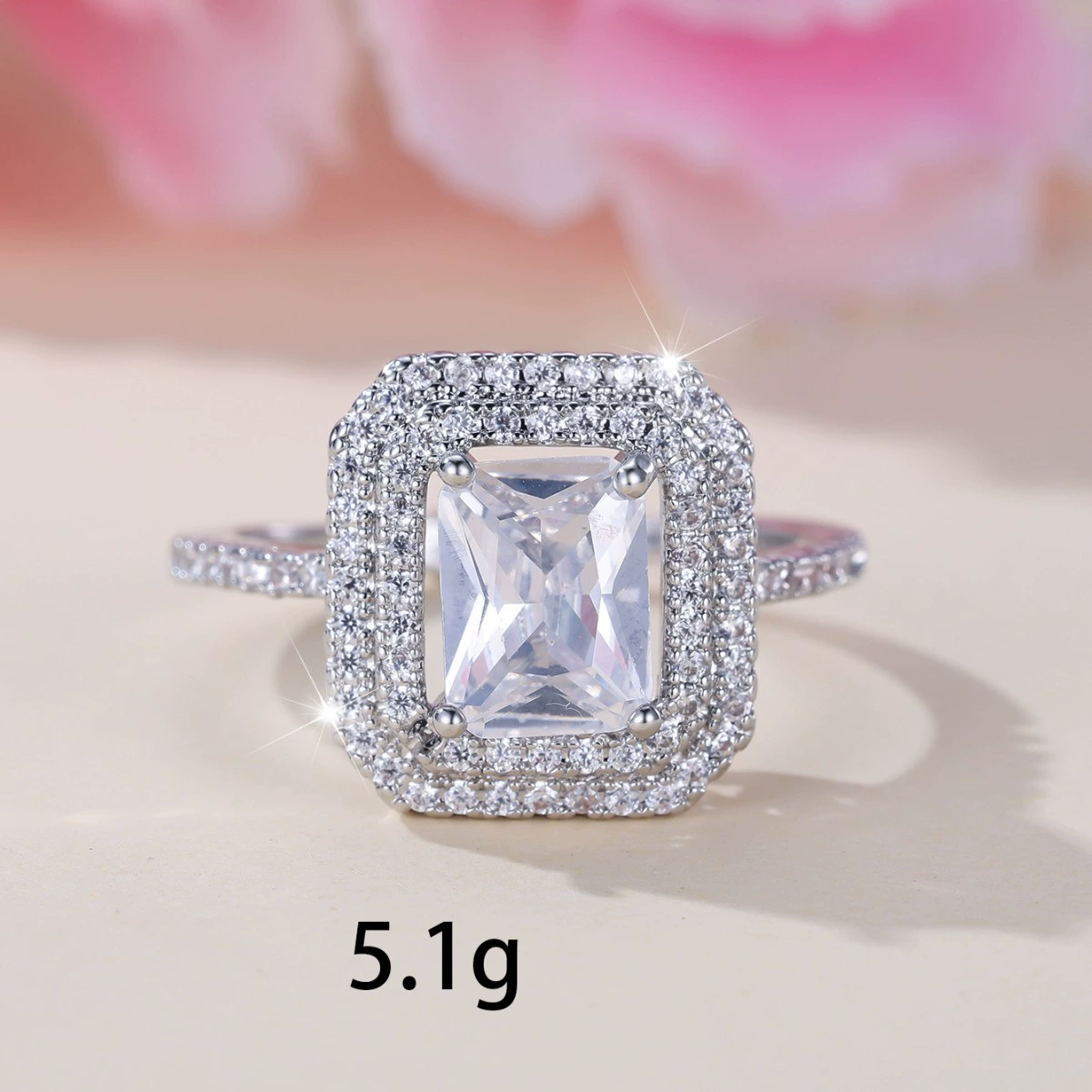 TEMU's popular white K all-white square diamond ring light luxury ring