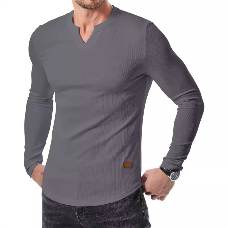 Cross-border Amazon New Foreign Trade Autumn and Winter Men's V-neck Pit T-shirt Solid Color Casual Fashion Men's Long Sleeve Cross-border Amazon New Foreign Trade Autumn and Winter Men's V-neck Pit T-shirt Solid Color Casual Fashion Men's Long Sleeve