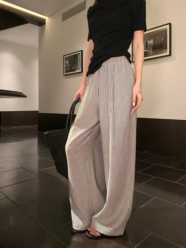 韓国版のレイジーでリラックスした女性用ストライプワイドレッグパンツ、春夏の薄手のカジュアルパンツ、多用途のフロアレングスパンツ、通気性|undefined