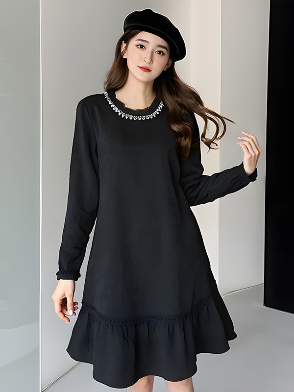65-160kg Plus Size French Style Little Black Dress 2025 Spring & Fall New Slightly Fat mm Beaded Knitted Dress