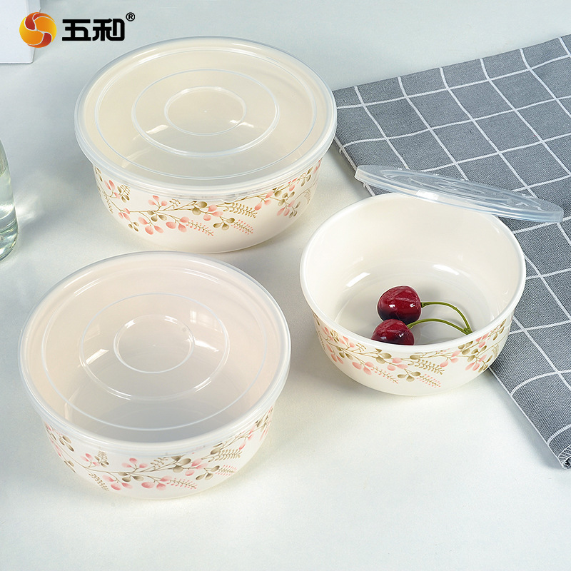 Wuhe cuenco de mantenimiento fresco de tres piezas cuenco de fideos instantáneos vajilla de melamina Flor de melocotón con fiambrera imitación de porcelana redonda Cuenco de sopa universal con tapa