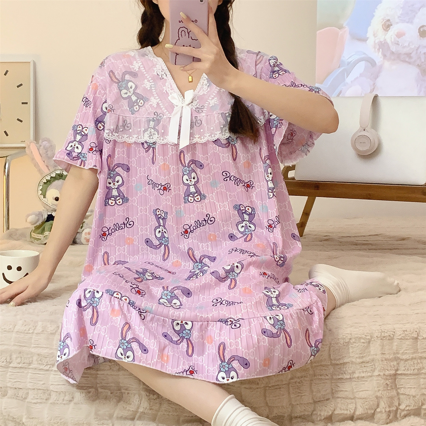 Comercio exterior verano camisón de encaje manga corta pijamas delgada dibujos animados dulce lindo estudiante seda la leche desgaste del hogar